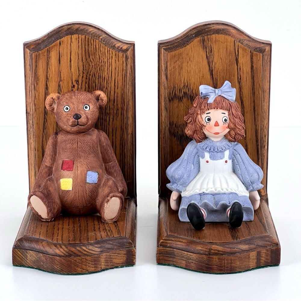 Vintage LEONARD UNRUH Raggedy Ann And Teddy Bear Ceramic And Wood Bookends